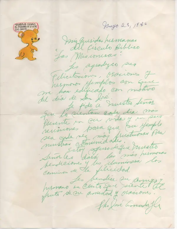 Carta del Padre Jose Amador al grupo circulo bíblico "Las Misioneras" (28 mayo 1986)